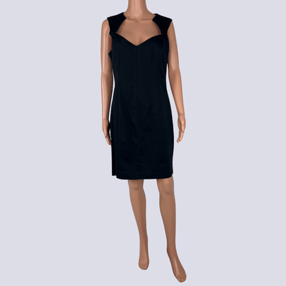 Front view of the Cue Satin Black Sleeveless Midi Dress