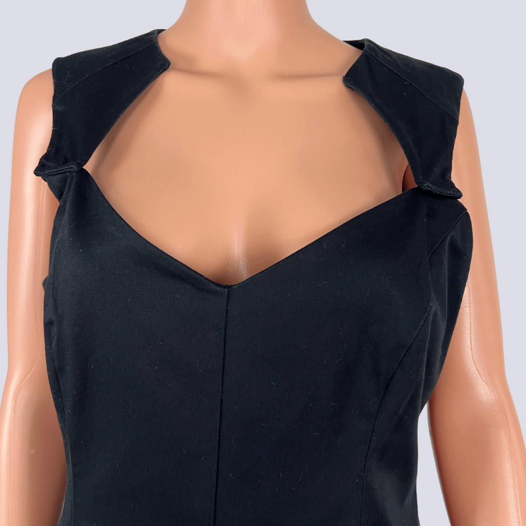 Front detail view of the Cue Satin Black Sleeveless Midi Dress