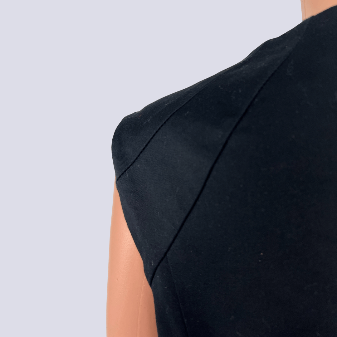 Front detail view of the Cue Satin Black Sleeveless Midi Dress