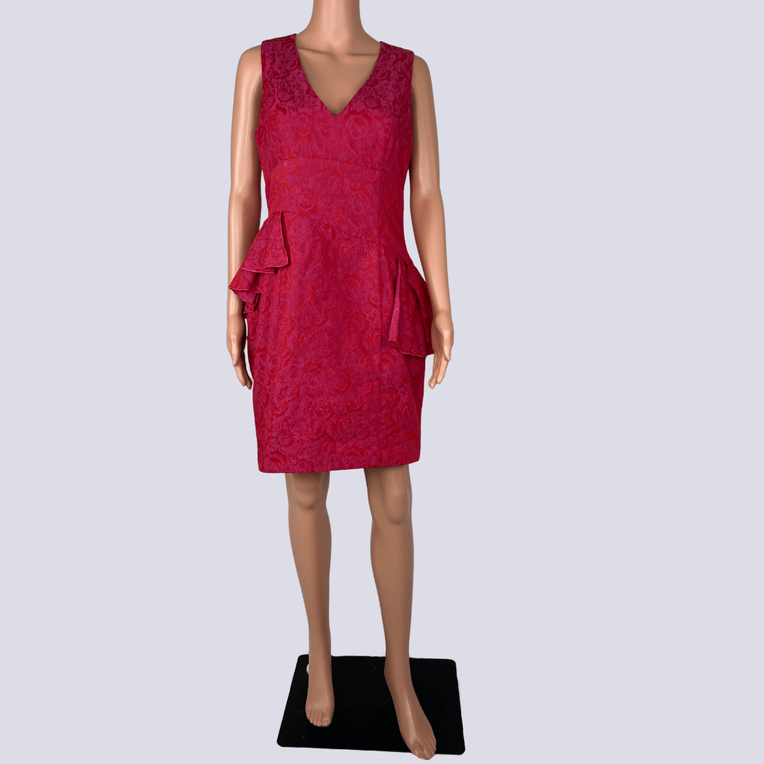 Front view of the Cue Red and Pink Sleeveless Midi Dress