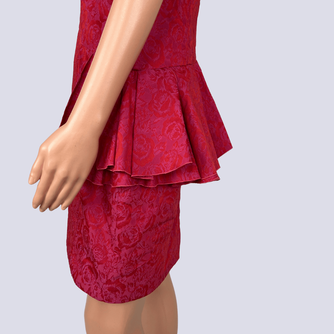 Side detail view of the Cue Red and Pink Sleeveless Midi Dress