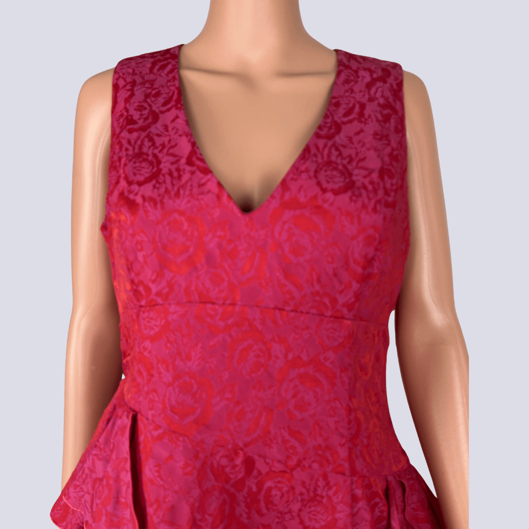 Front detail view of the Cue Red and Pink Sleeveless Midi Dress