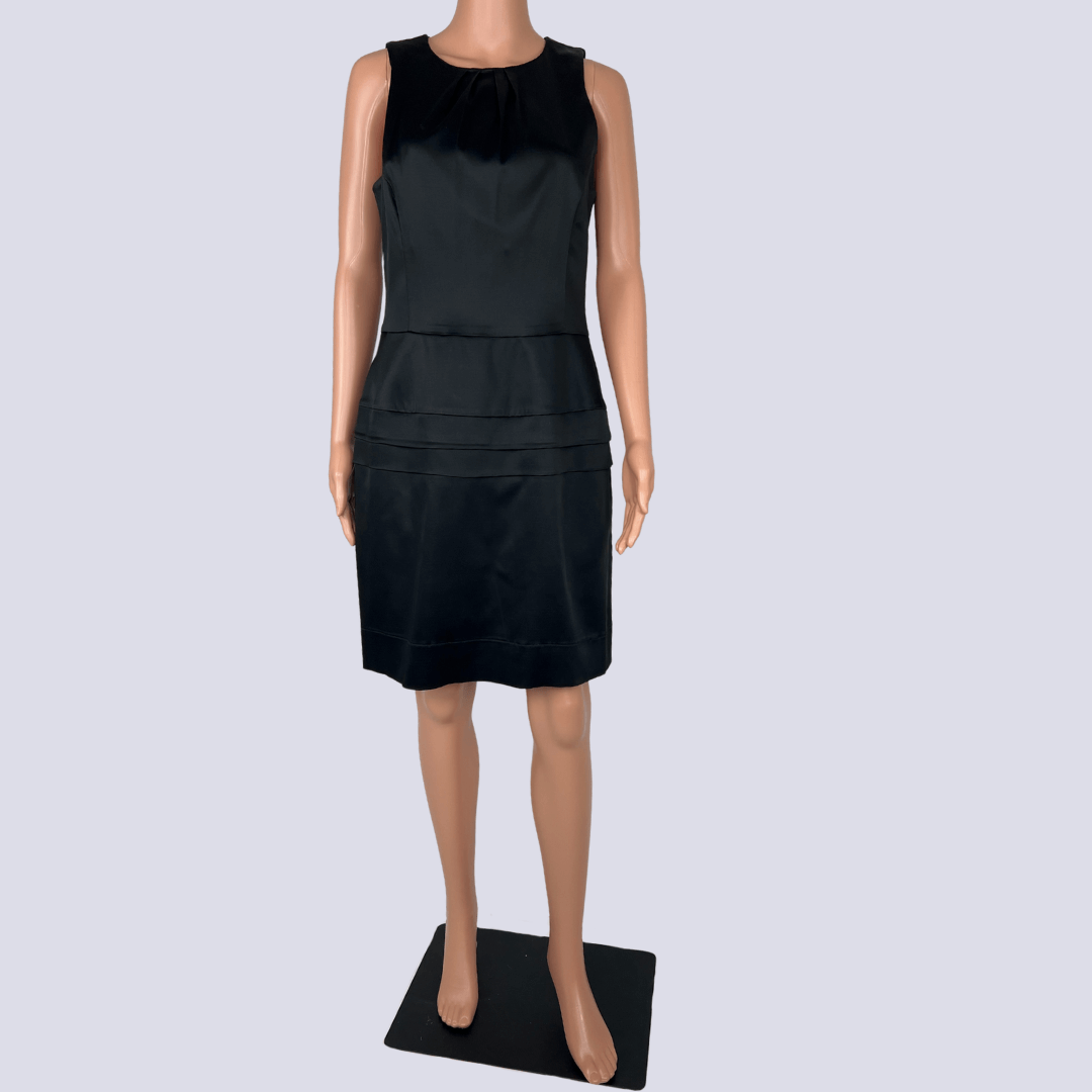 Front view of the Cue Satin Black Sleeveless Midi Dress