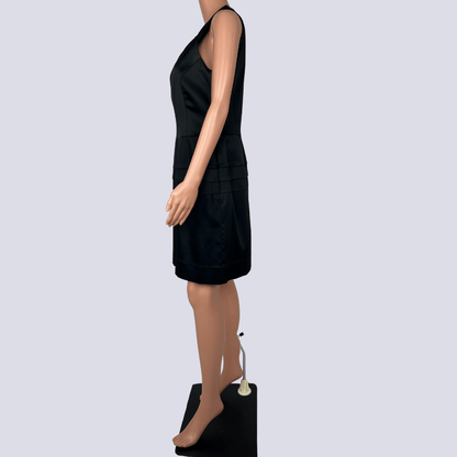 Side view of the Cue Satin Black Sleeveless Midi Dress