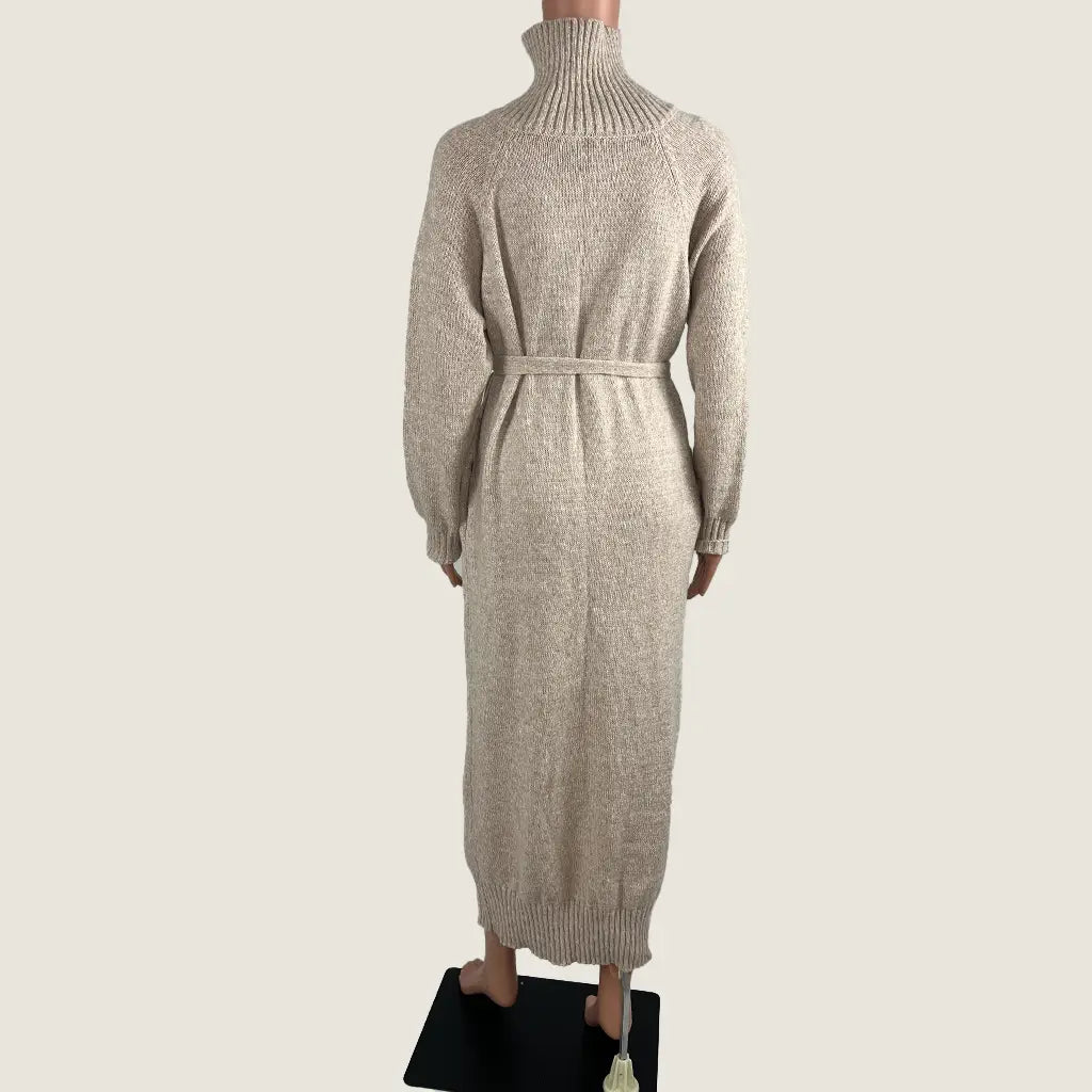 Back View of the Delilah Knit Maxi Belted Dress Beige