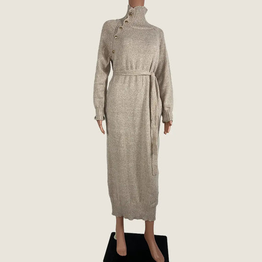 Front View of the Delilah Knit Maxi Belted Dress Beige