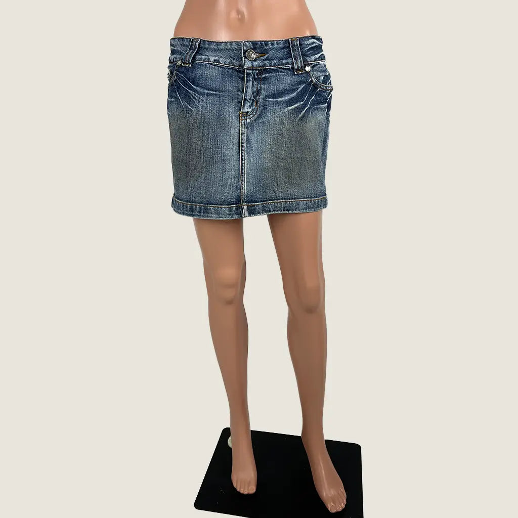 Front View of the Denim Distressed Mini Skirt 