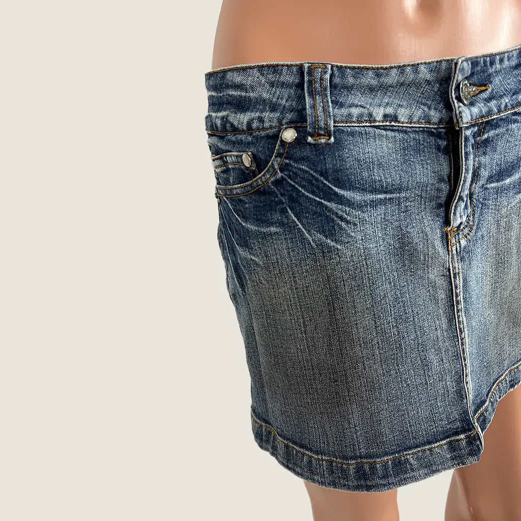 Front Detail View of the Denim Distressed Mini Skirt 