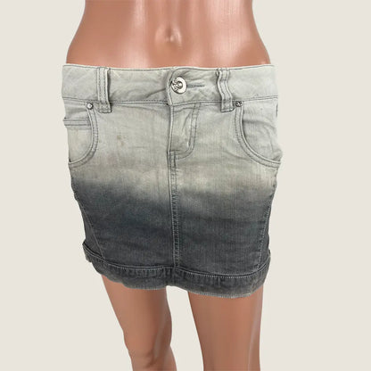 Front Detail View of a Two Tone Denim Mini Skirt