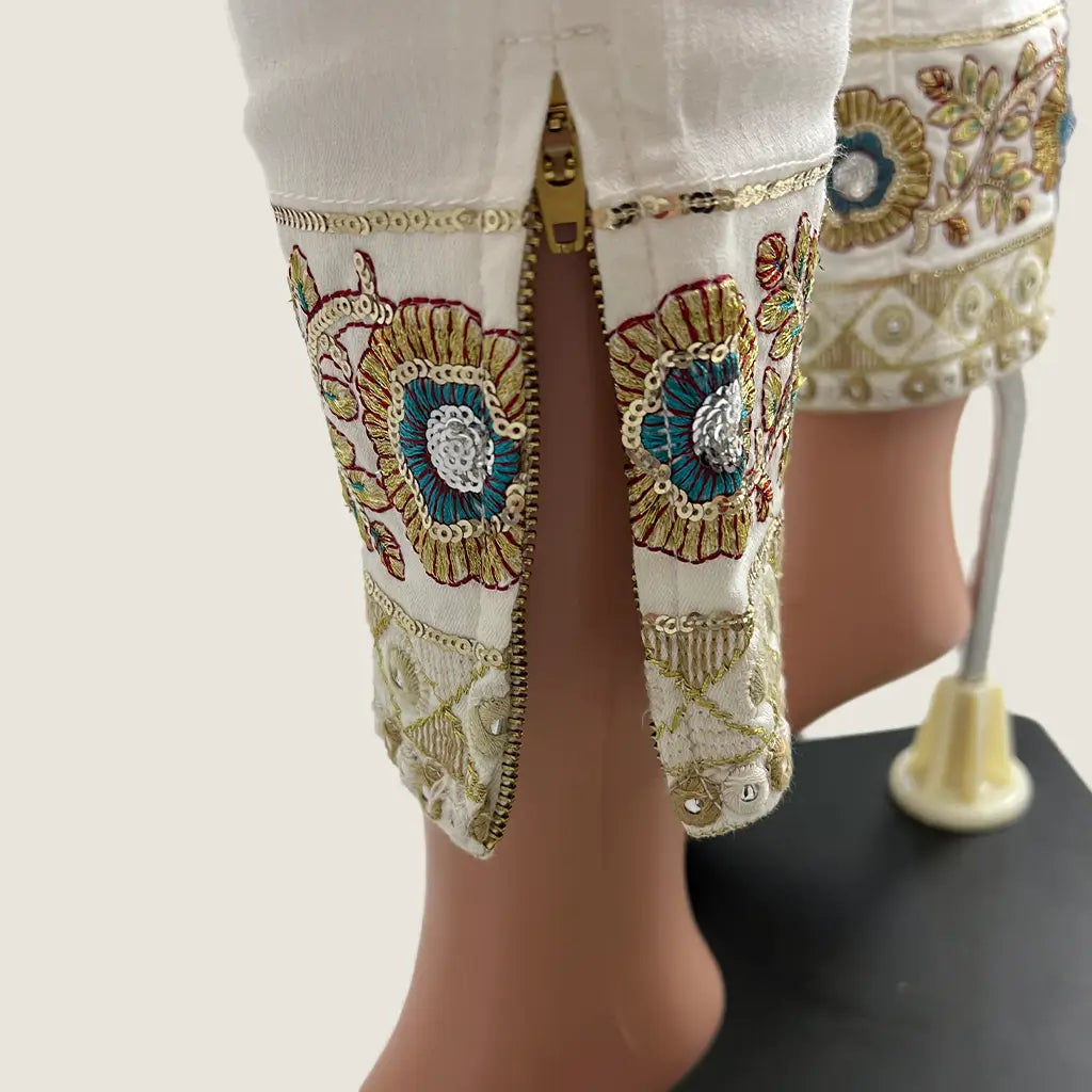 Front Cuff Open View of the Desigual Embroidered Denim Sari White Jeans