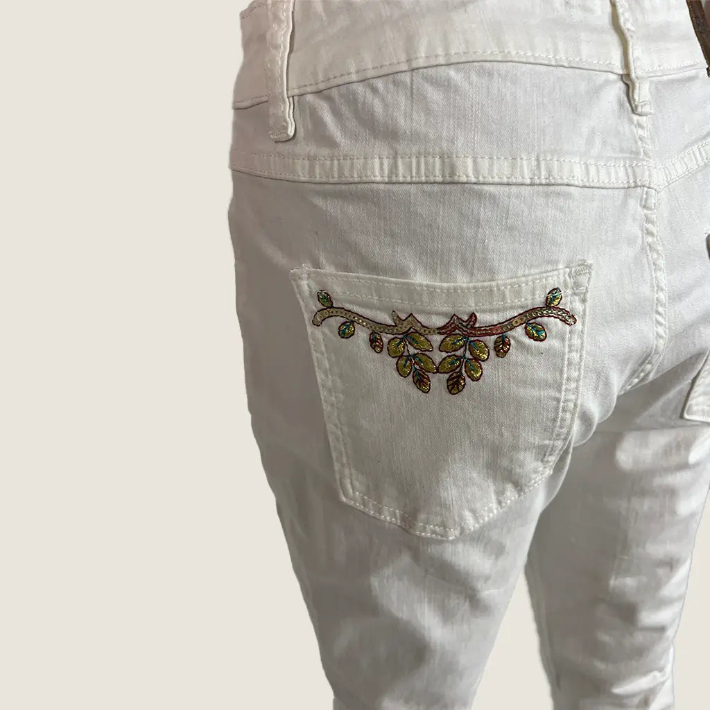 Back Detail View of the Desigual Embroidered Denim Sari White Jeans