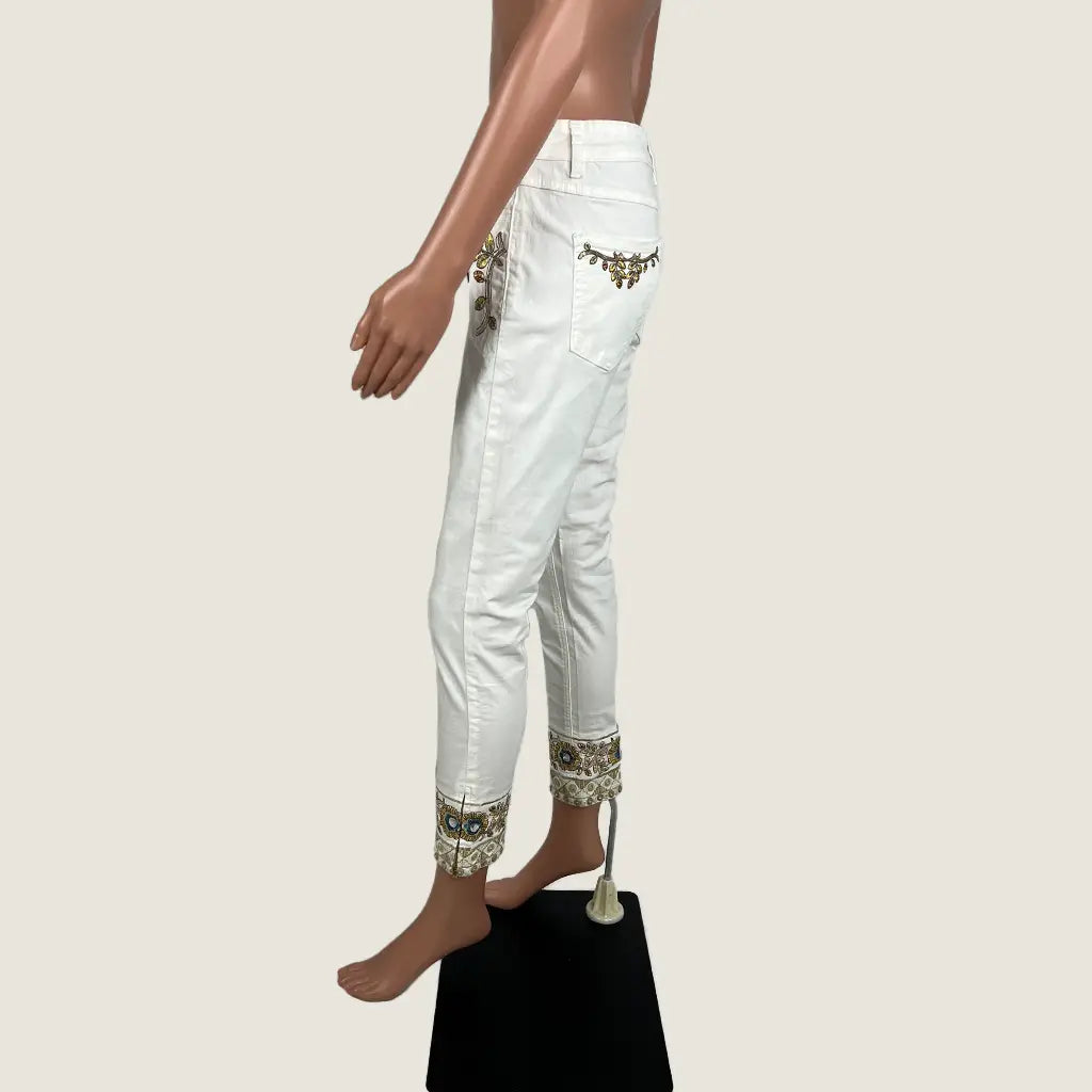 Side View of the Desigual Embroidered Denim Sari White Jeans