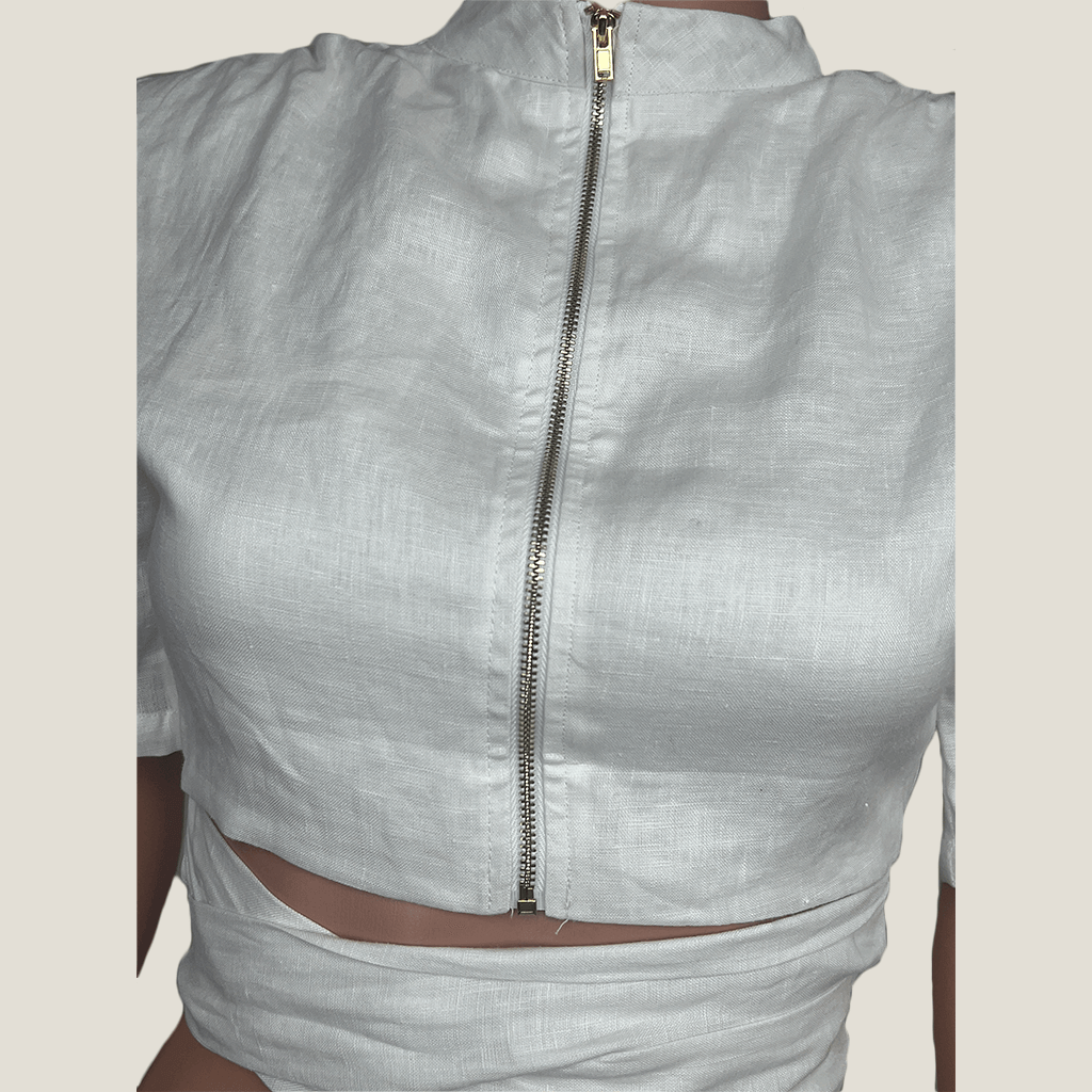 DISSH Vance White Linen Crop Top Front Detail