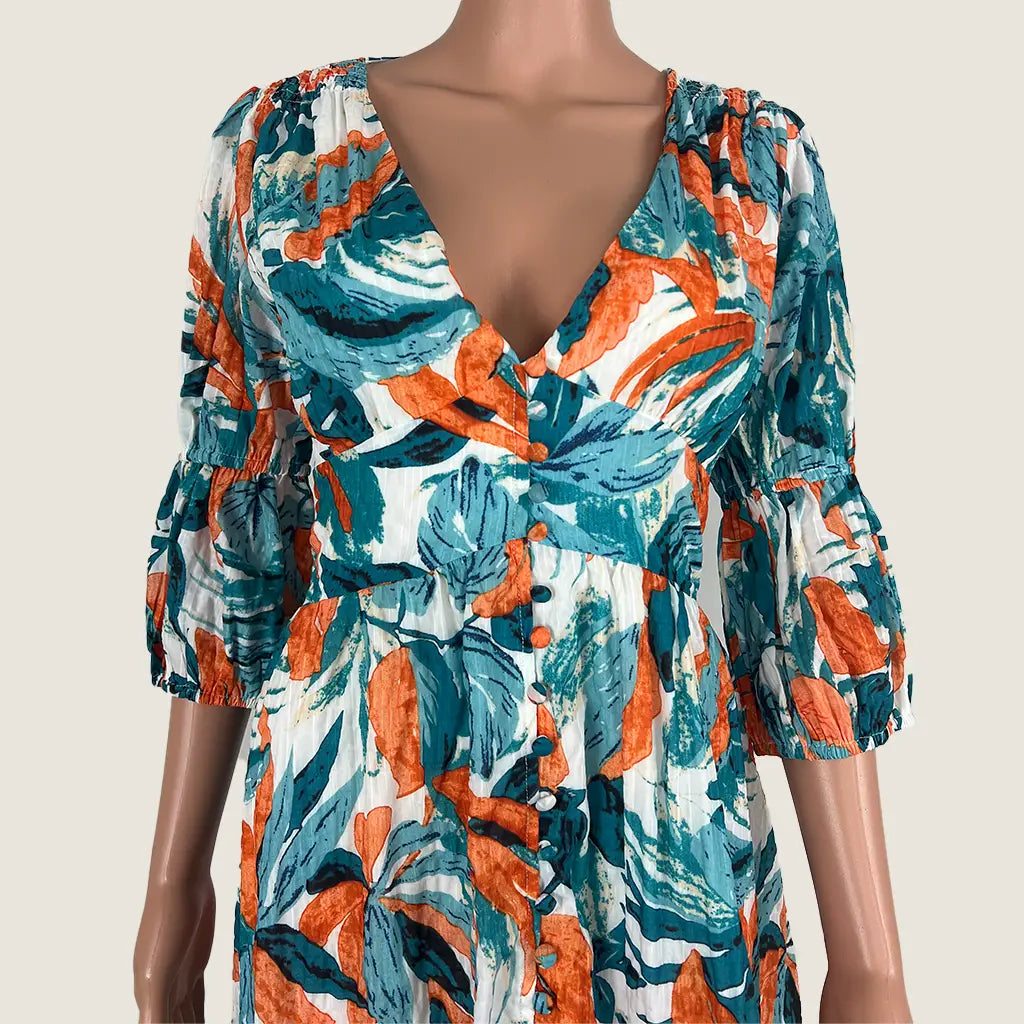 Front Detail View of the Divine Avenue Blue Floral Midi Dress