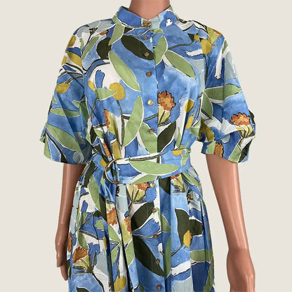 Front Detail View of the Divine Avenue Button Up Blue Floral Dress