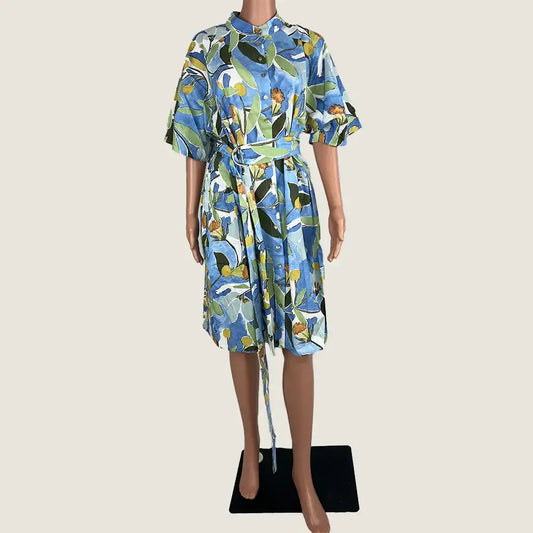 Front View of the Divine Avenue Button Up Blue Floral Dress