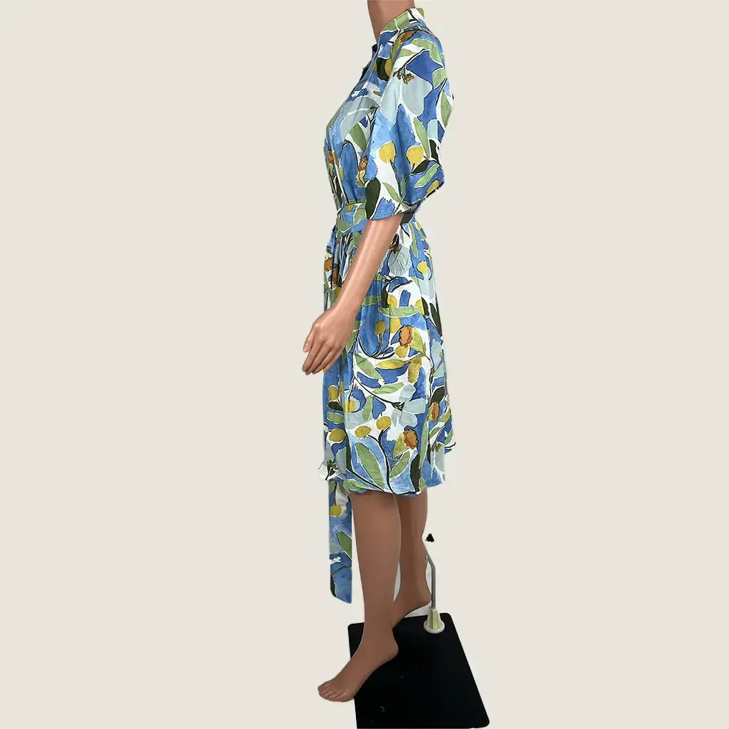 Side View of the Divine Avenue Button Up Blue Floral Dress