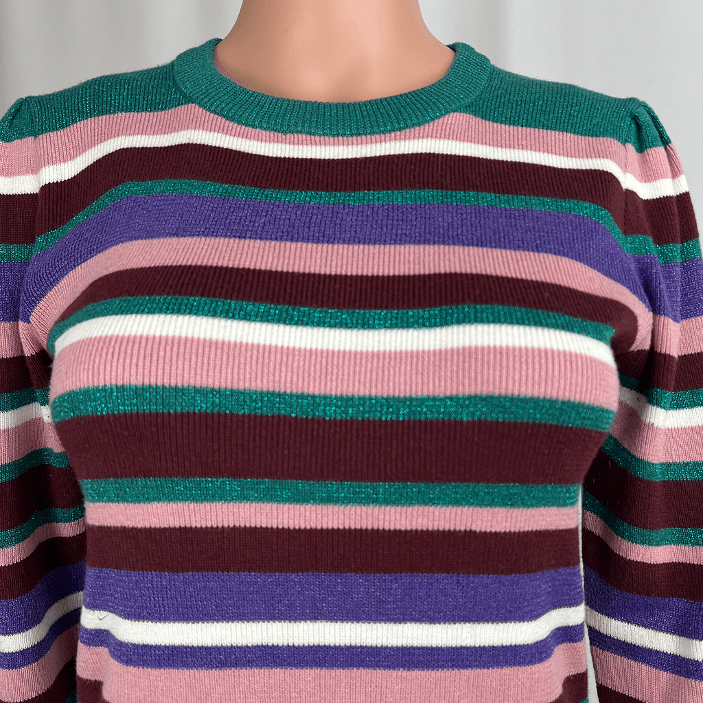 Collar detail of a Dotti Striped Knit Long Sleeve Jumper 