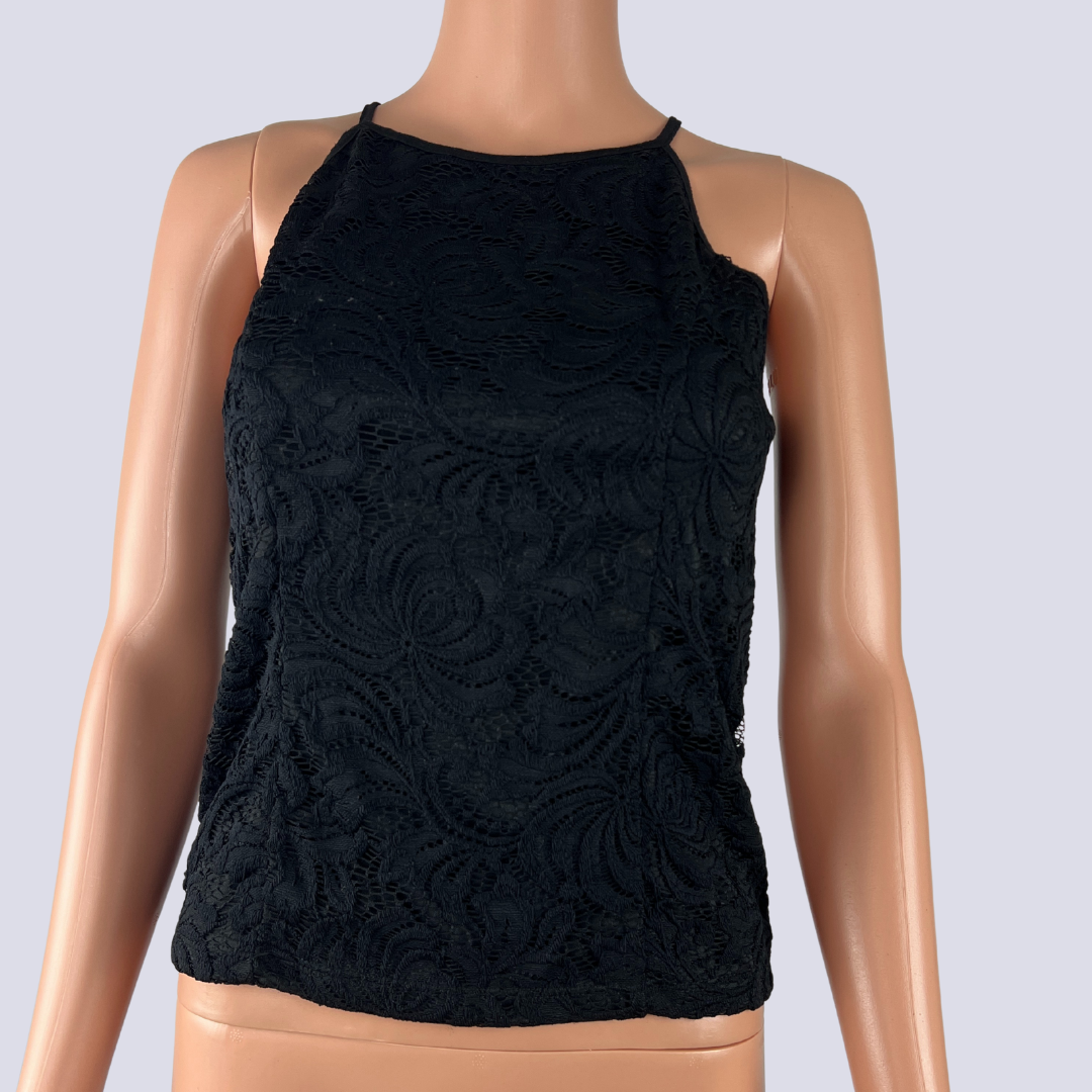 Front view of the Dotti black lace top