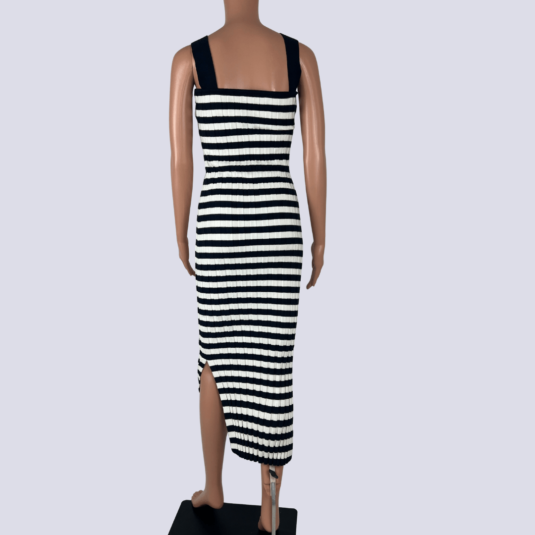 Back view of the Ebby and I Black and White Stripped Knit Dress