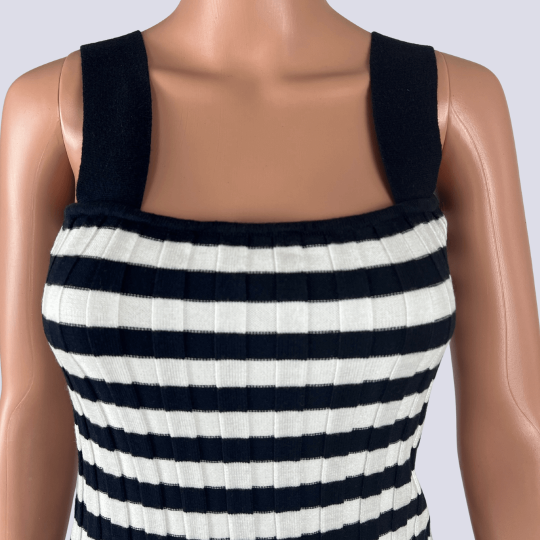 Front detail view of the Ebby and I Black and White Stripped Knit Dress