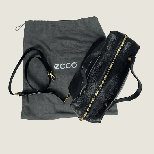 View from Above of the Ecco Black Sculptured Handbag, Shoulder strap and, dust cover