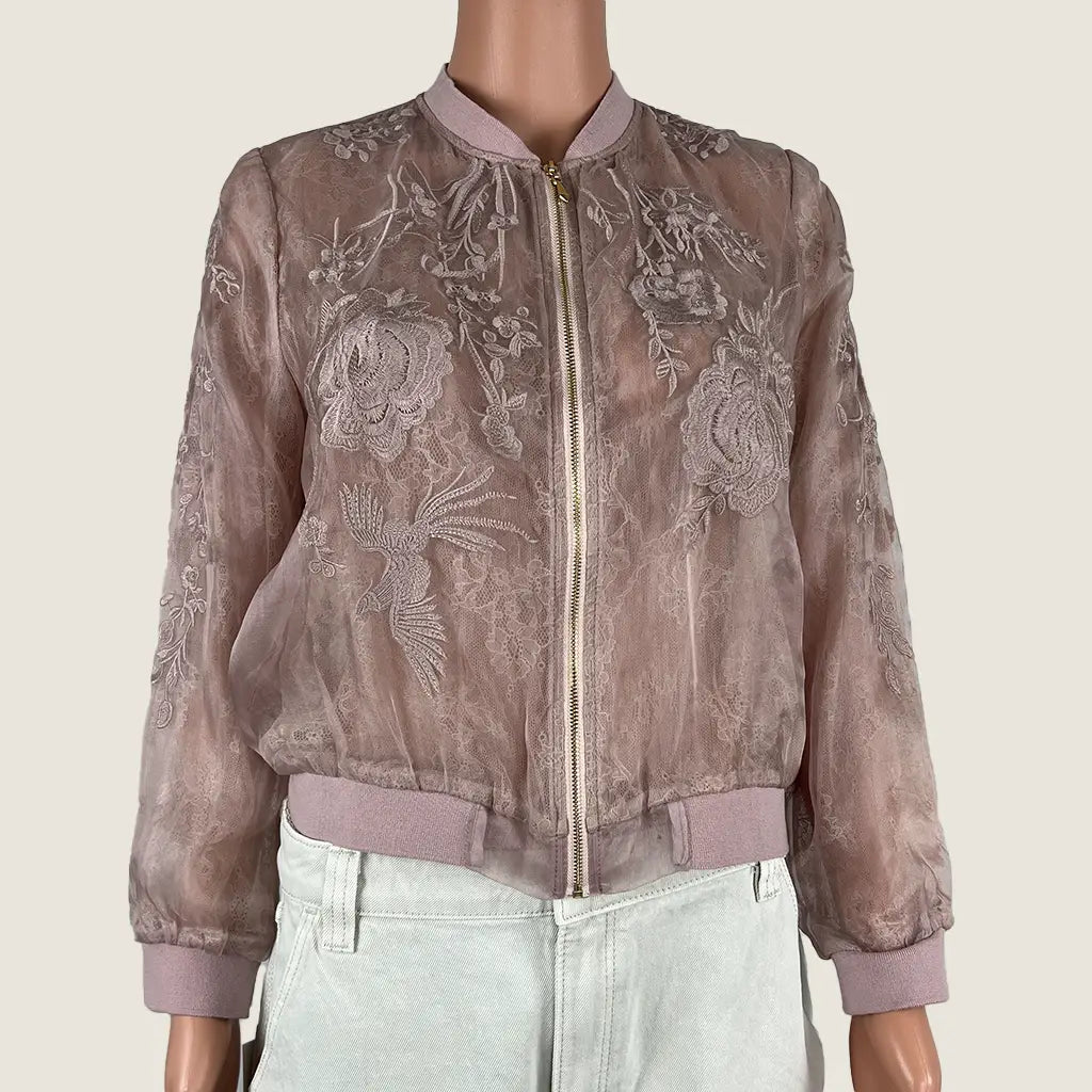 Front view of the Eileen Pink Sheer Floral Embroidered Jacket 