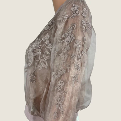 Side Detail view of the Eileen Pink Sheer Floral Embroidered Jacket 