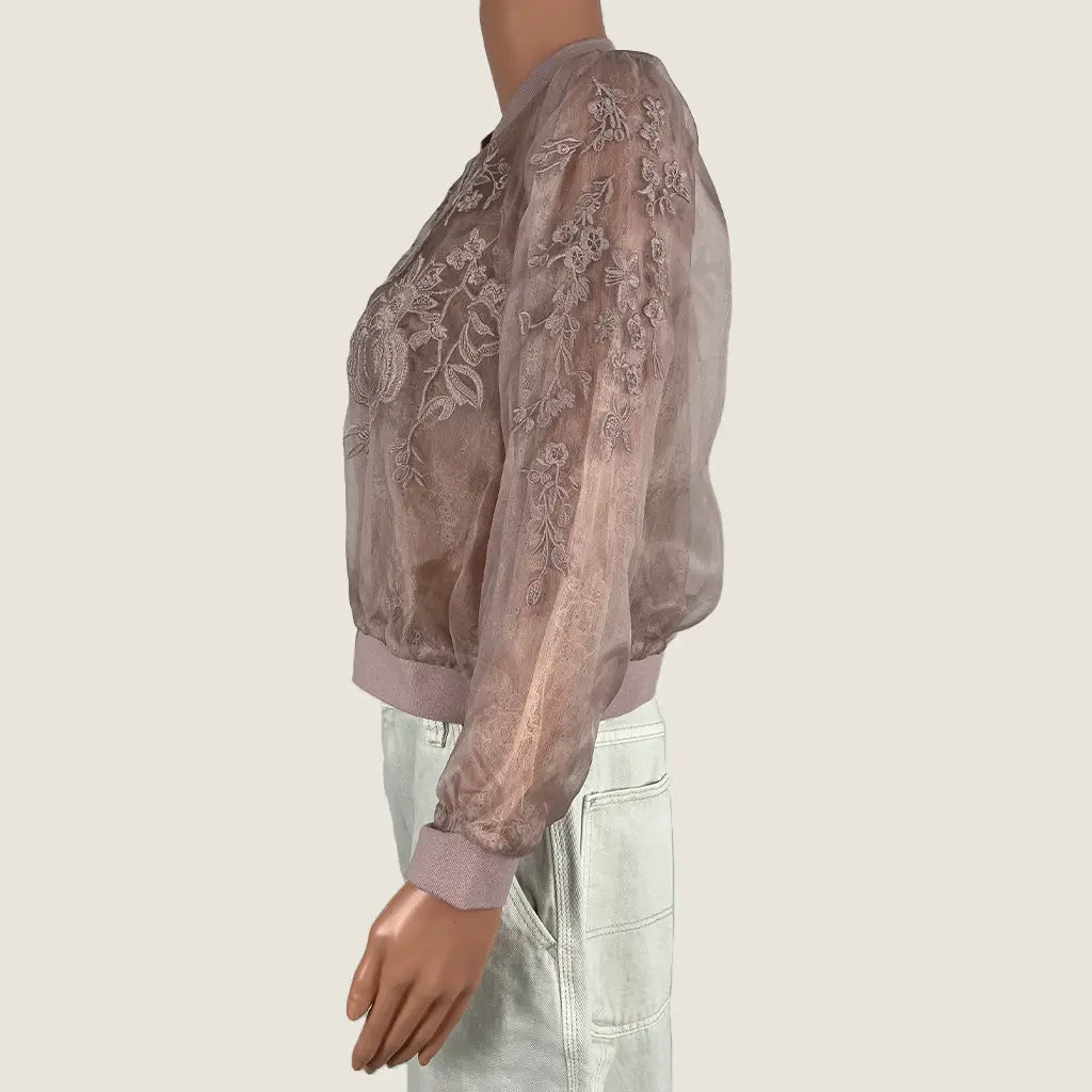 Side view of the Eileen Pink Sheer Floral Embroidered Jacket 