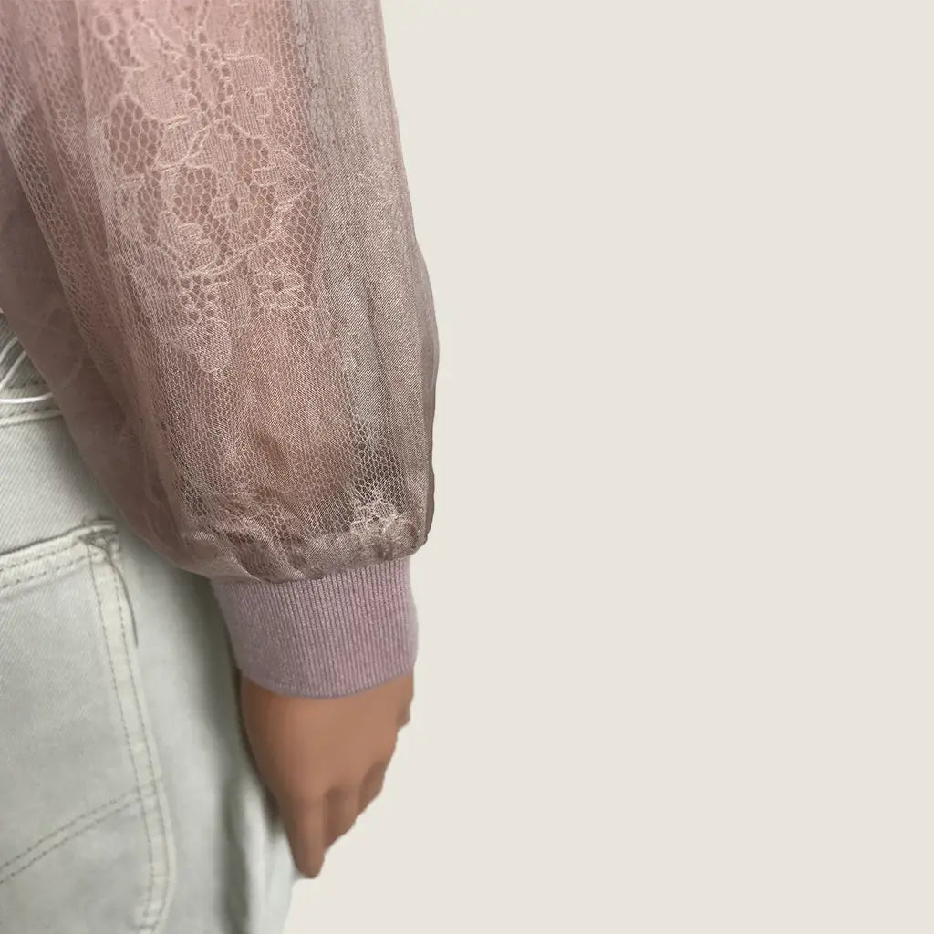 Side Sleeve view of the Eileen Pink Sheer Floral Embroidered Jacket 