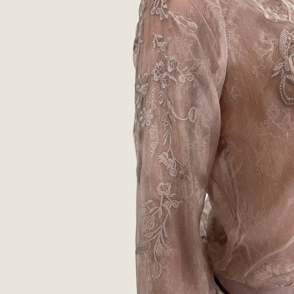 Sleeve view of the Eileen Pink Sheer Floral Embroidered Jacket 