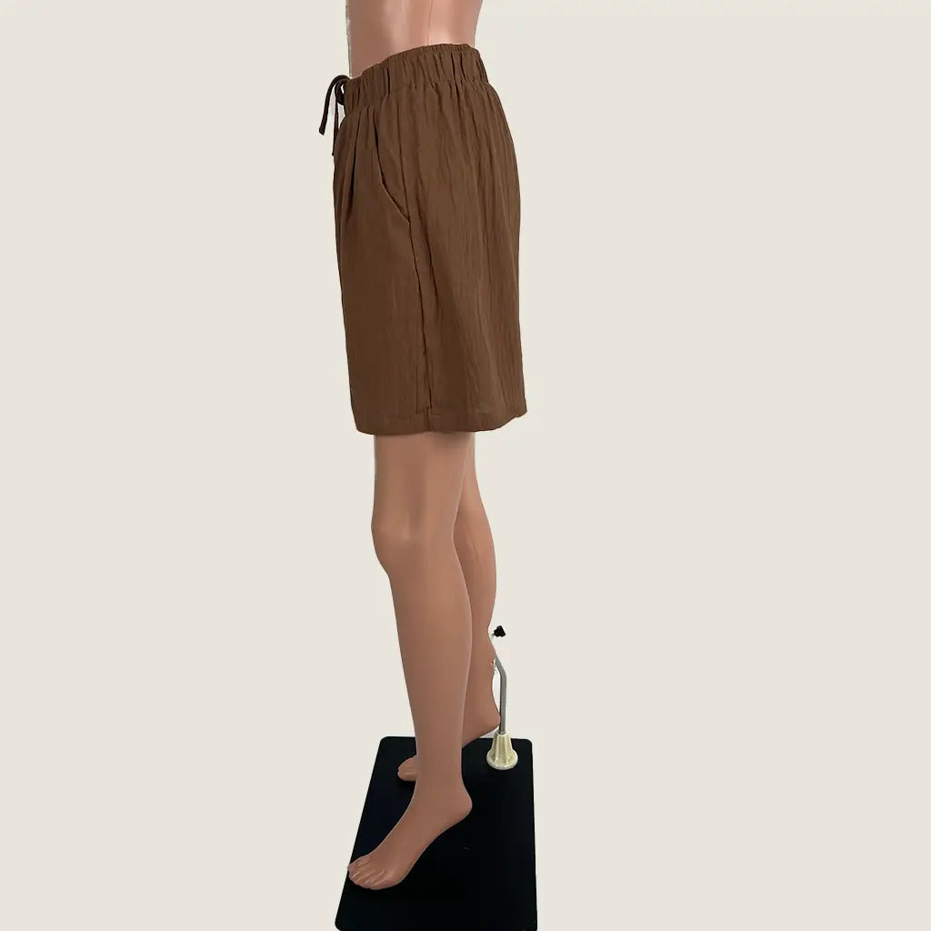 Side View of the Emery Rose Brown Front Tie Short