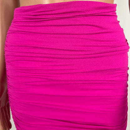 Front Detail View of the Pink Exotica Body Contouring Mesh Ruched Midi Skirt