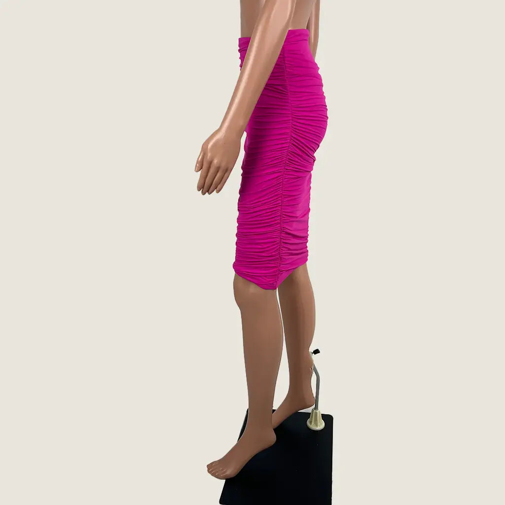 Side View of the Pink Exotica Body Contouring Mesh Ruched Midi Skirt