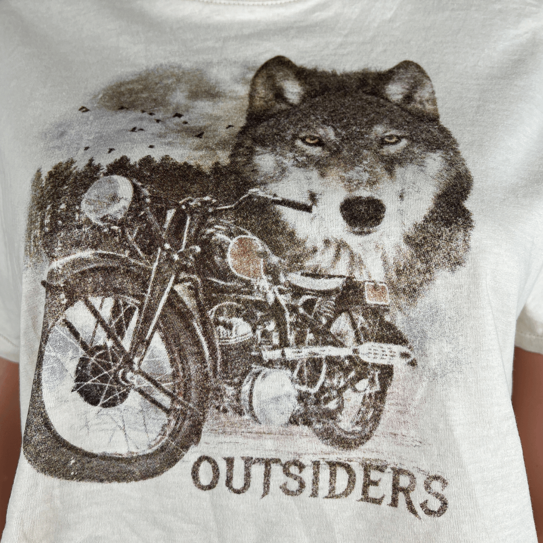 Front graphic detail view of the Factories crop top