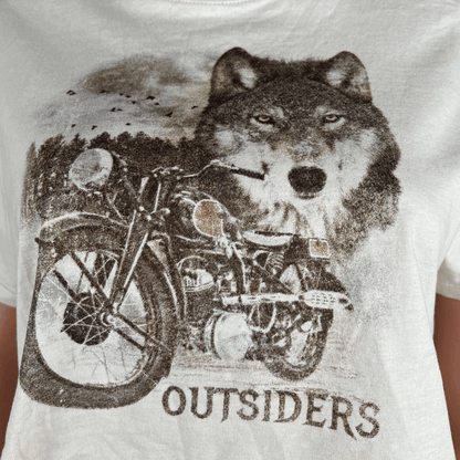 Front graphic detail view of the Factories crop top