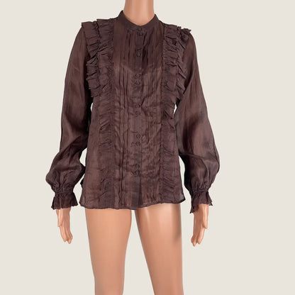 Front View of the G.D.S. Estella Long Sleeve Sheer Blouse