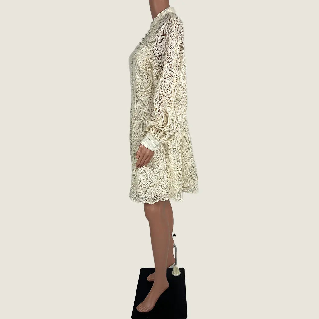 Side view of the GDS Estella Lace Midi Long Sleeve Dress