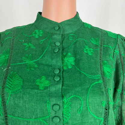 Front Collar View of the GDS Helenam Linen Embroidered Long Sleeve Blouse