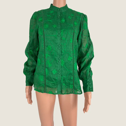 Front View of the GDS Helenam Linen Embroidered Long Sleeve Blouse