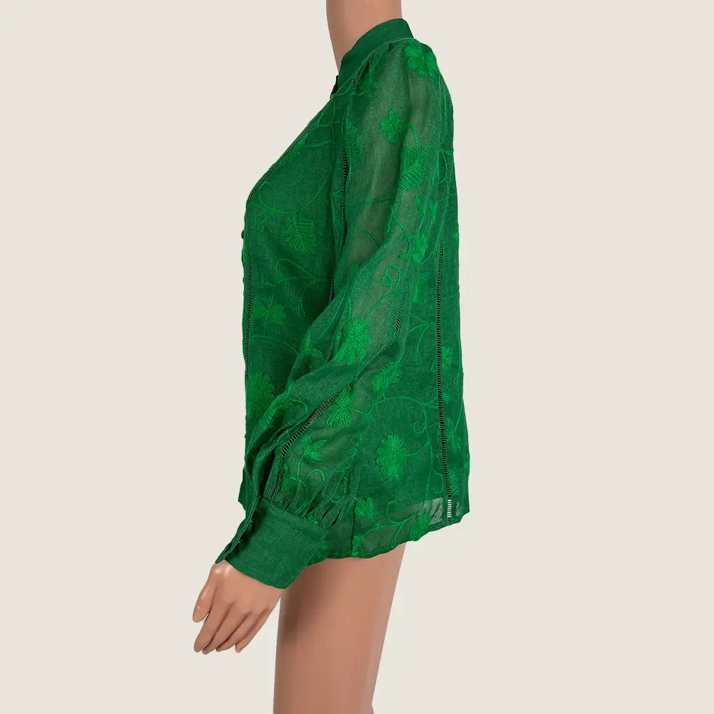 Side View of the GDS Helenam Linen Embroidered Long Sleeve Blouse