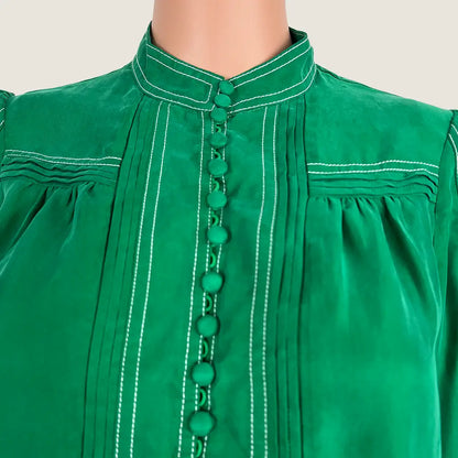 Front Collar View of the GDS Helenam Long Sleeve Green Blouse