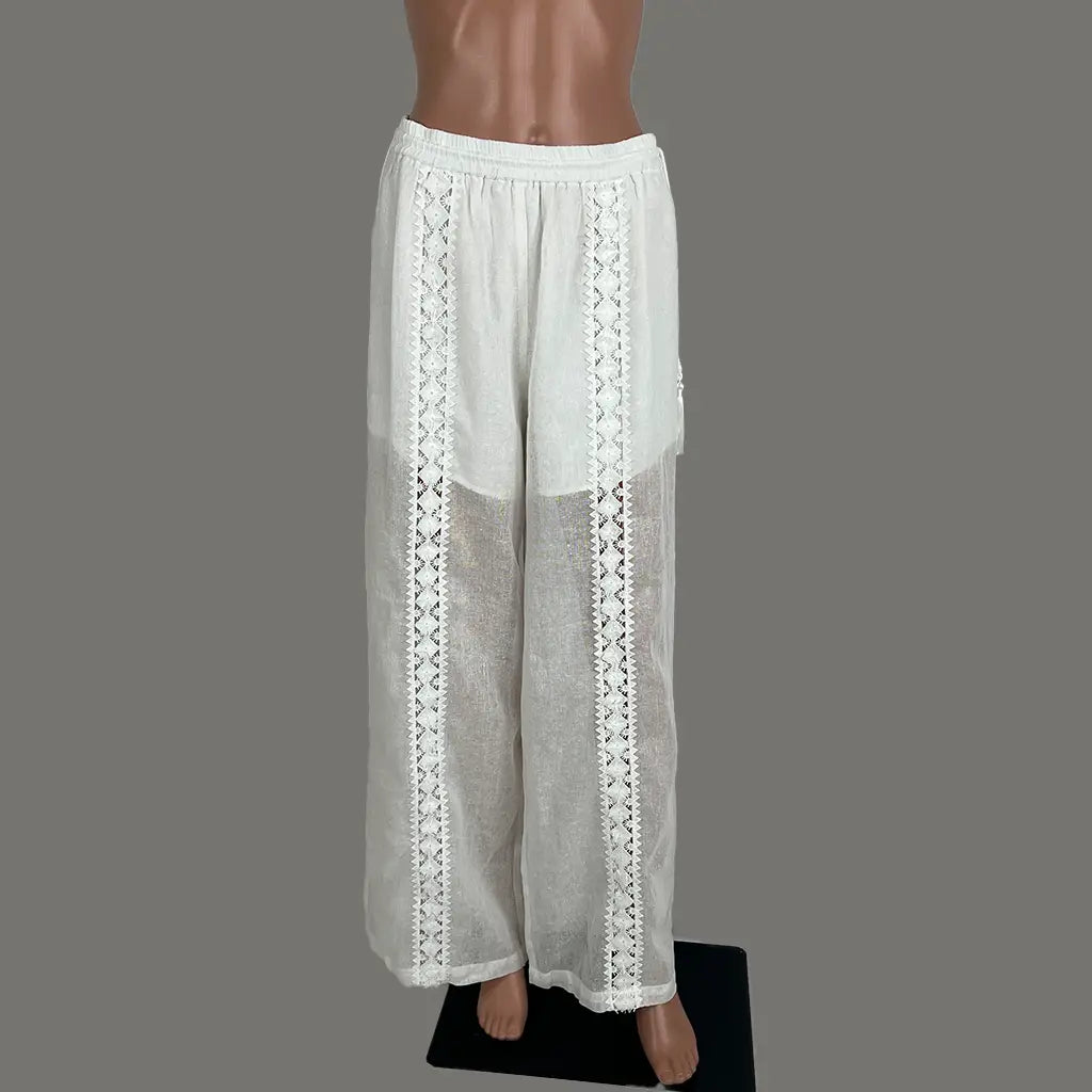 Front View of the GDS Heather Lace Linen Pants in White