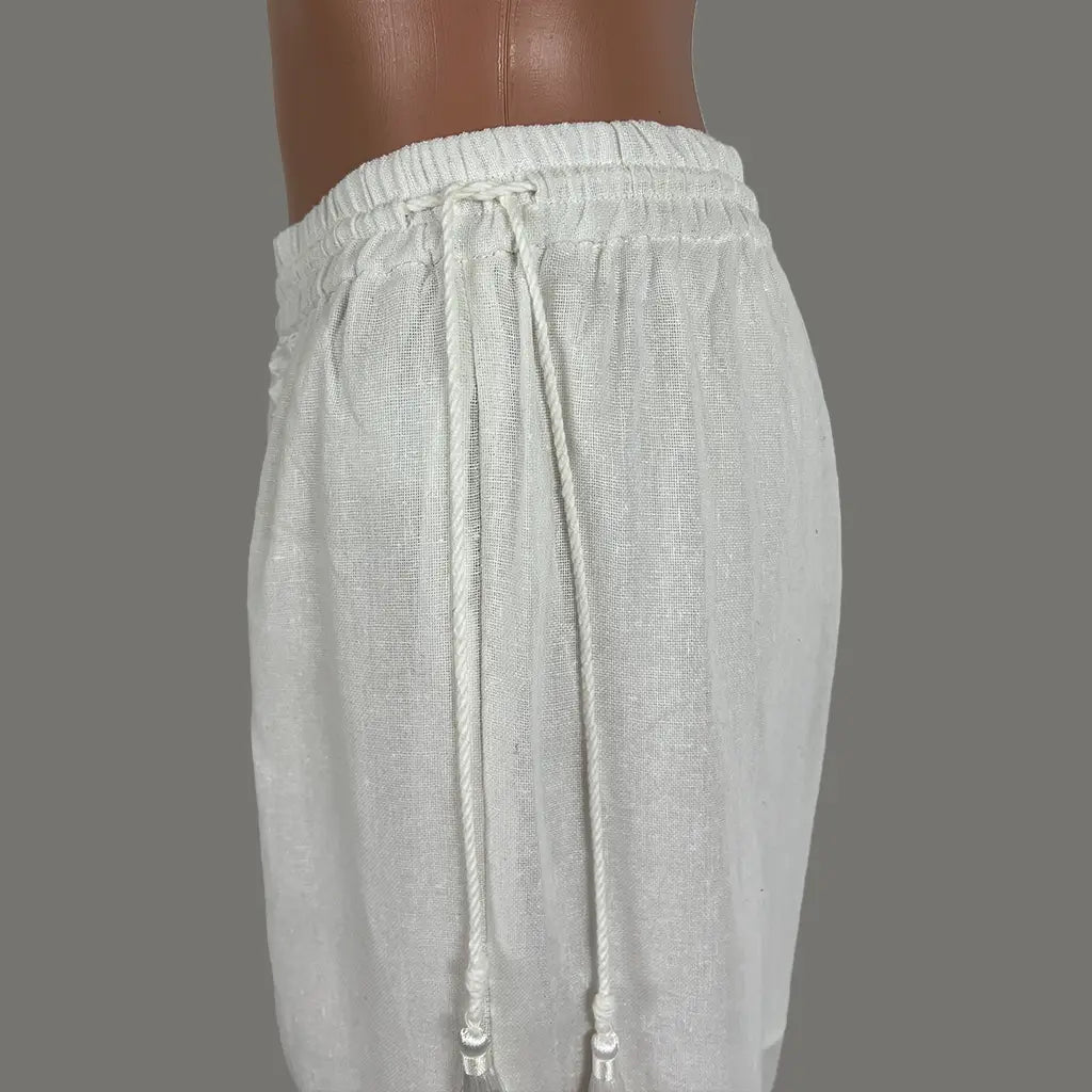 Front Detail View of the GDS Heather Lace Linen Pants in White