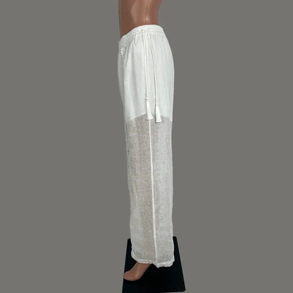 Side View of the GDS Heather Lace Linen Pants in White