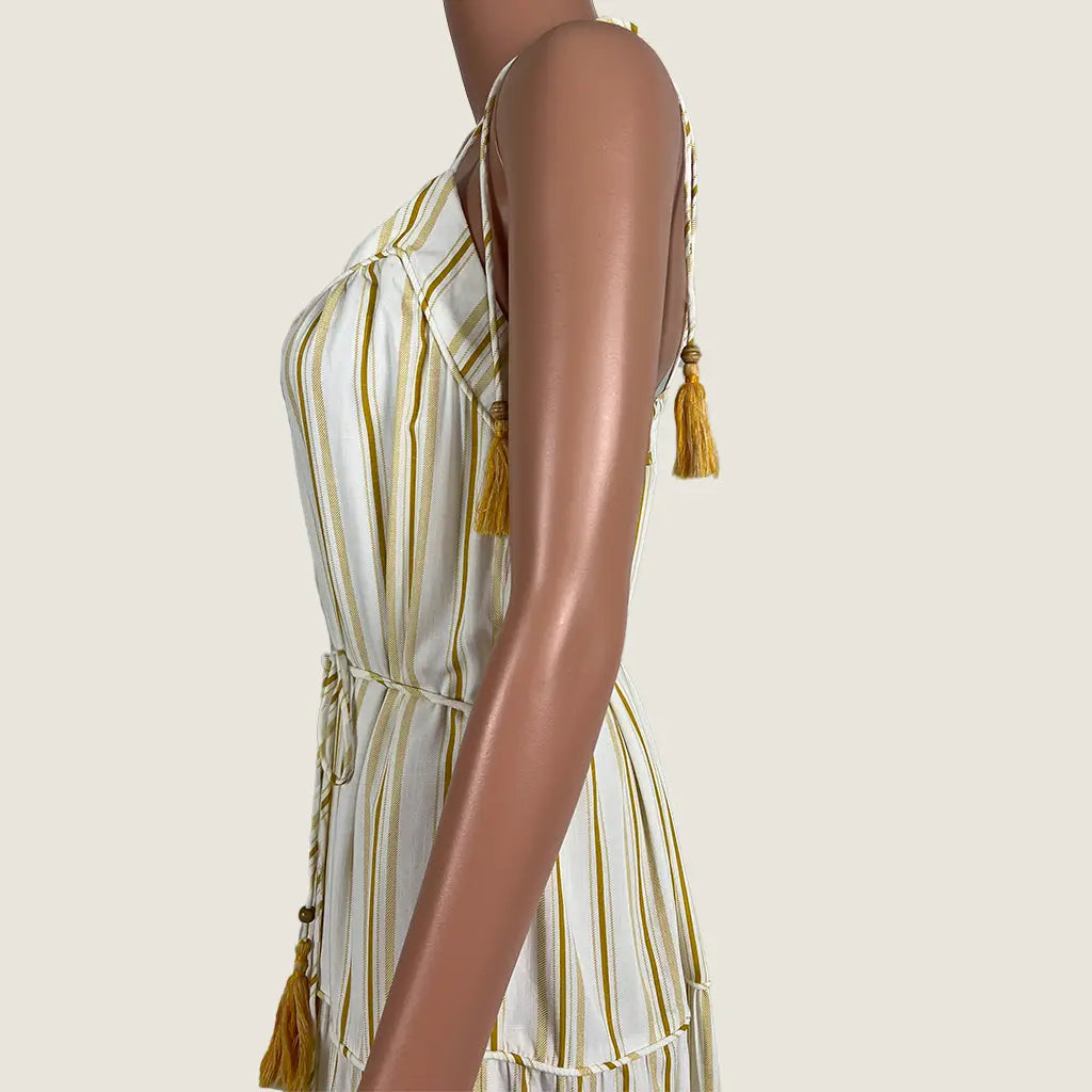 Side detail view of the GDS Signify Sleeveless Maxi Striped Dress