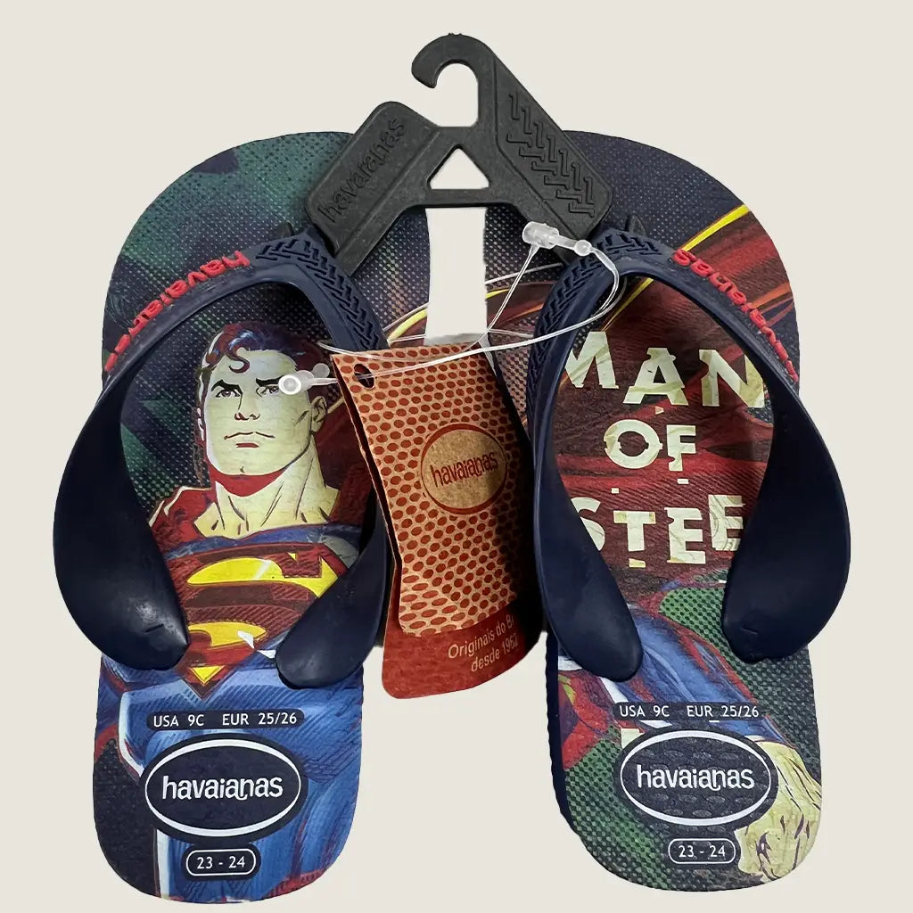 Front View of the Havaianas Baby Flip Flops with Superman Design