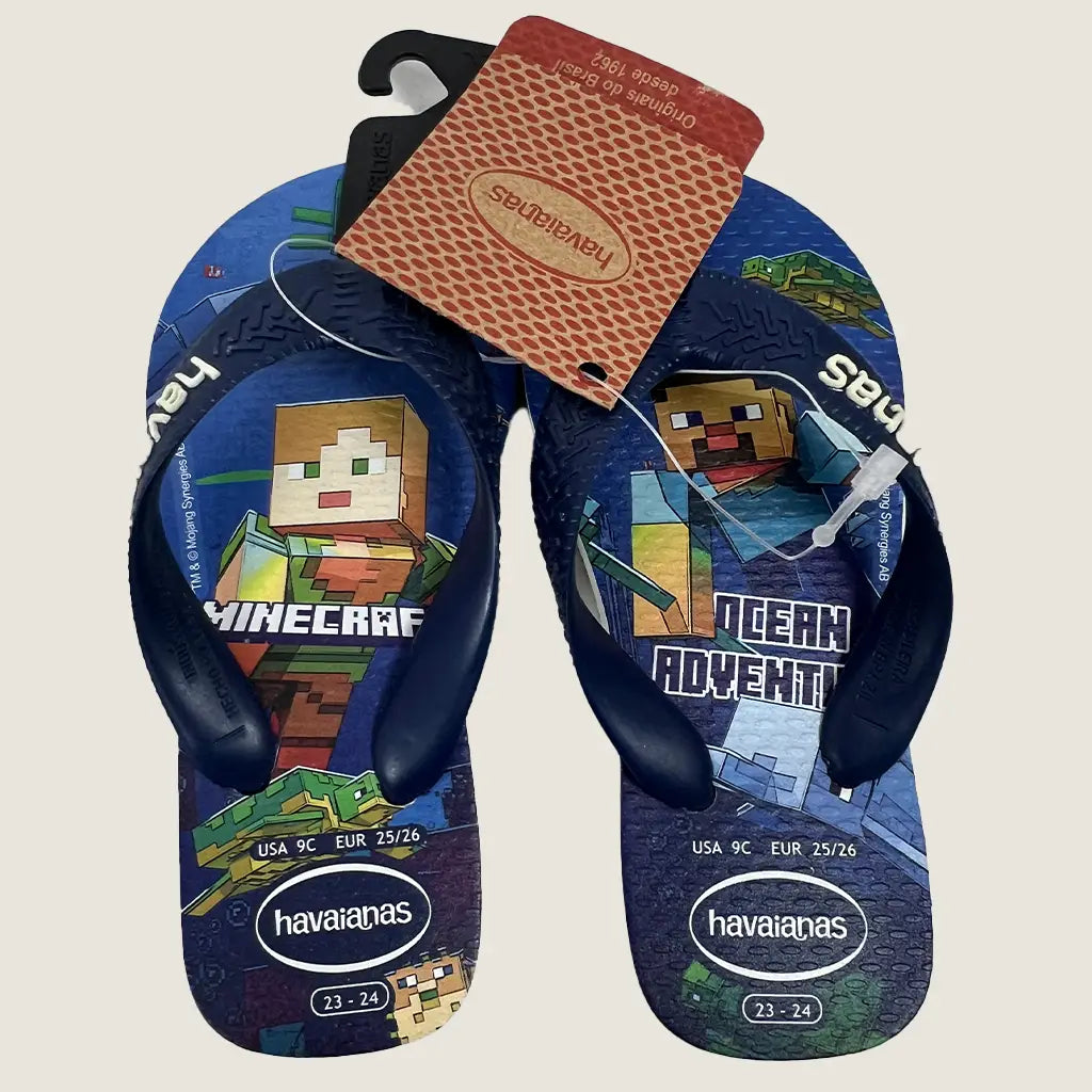 Front View of the Havaianas Baby Flip Flops with Minecraft Design