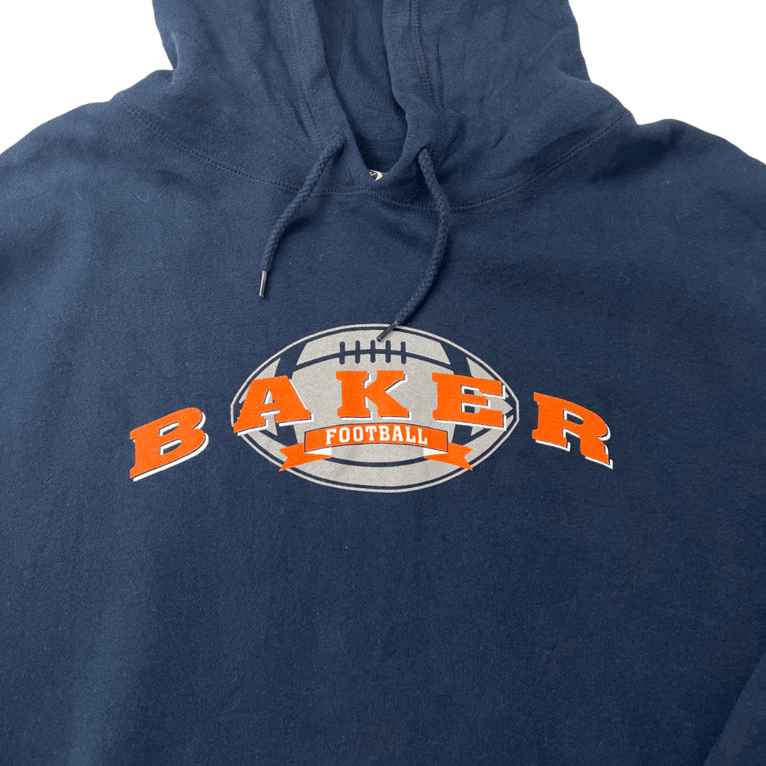 Front logo detail view of the Baker Football Hoodie