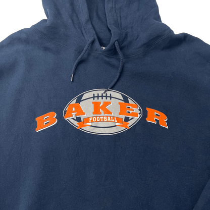 Front logo detail view of the Baker Football Hoodie